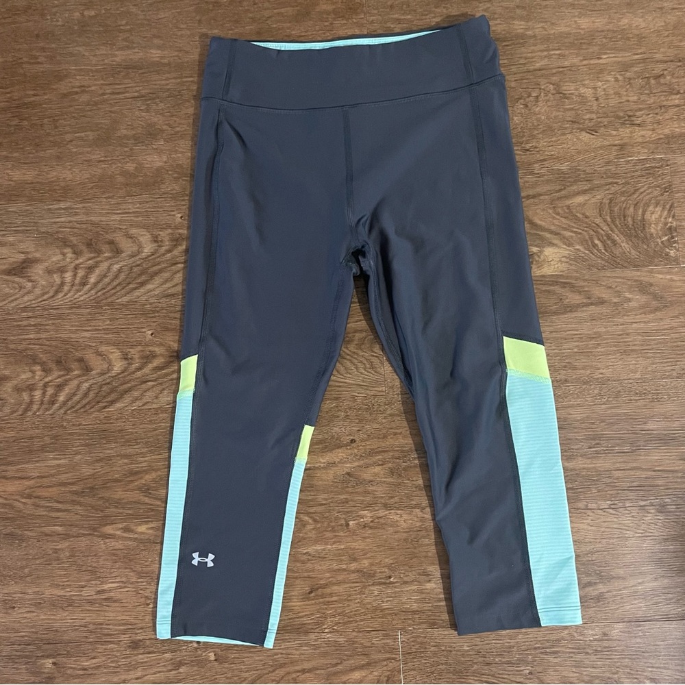 Under Armour Leggings, Gray with Blue and Neon Accents